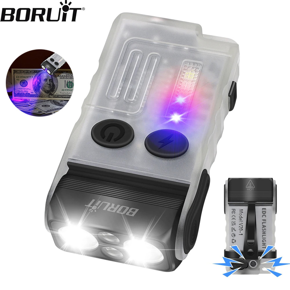 BORUiT V20-1 Keychain EDC LED Flashlight Portable Mini Torch Type-C Rechargeable Work Light 365nm UV