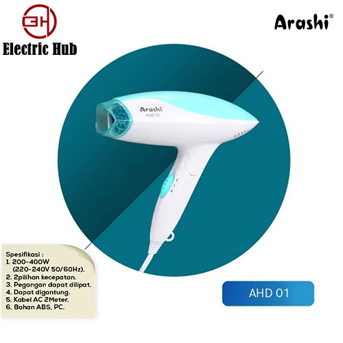 E-Hub ARASHI AHD 01 Hair Dryer Pengering Rambut 3 Level Speed 200-400 Watt