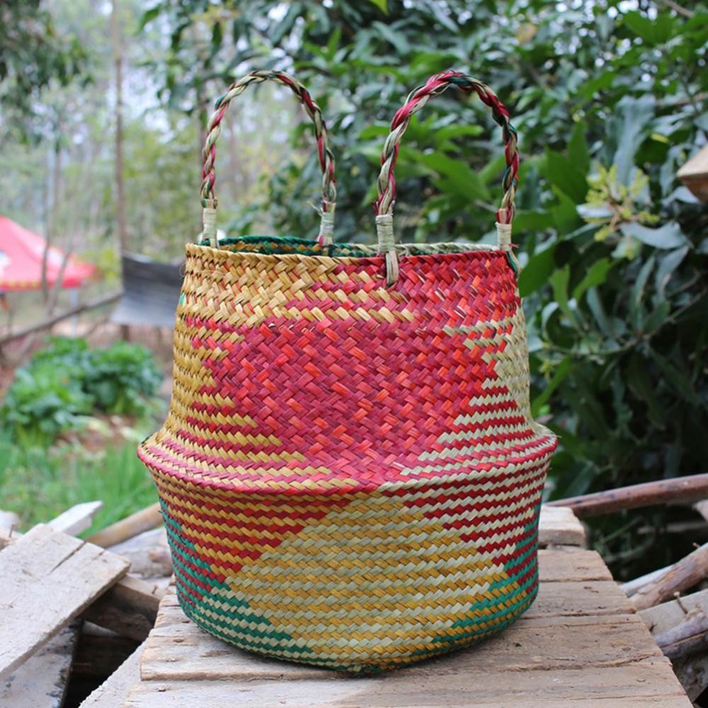 Colorful Belly Straw Storage Basket Rattan Hanging Flowerpot Dirty Clothes Storage Basket Rattan Bas