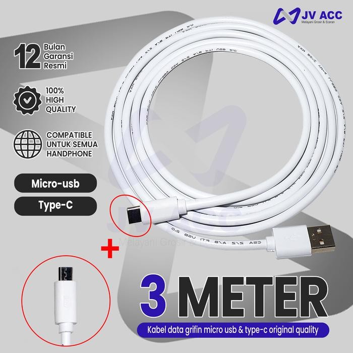 TERLARIS KABEL DATA CHARGER HP/CCTV GRIFFIN MICRO USB / TYPE C 3 METER UNIVERSAL