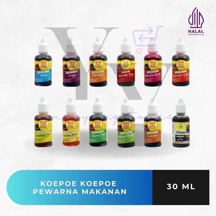 

Pewarna Makanan Koepoe Koepoe Merah Biru Kuning Hijau Cokelat Hitam Biru Oranye Ungu Tua Muda 30 Ml