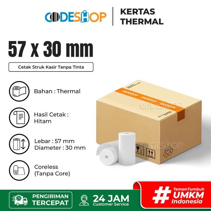 

1 Dus Kertas Termal 57x30 / 58x30mm Cetak Hitam Struk Kasir Coreless