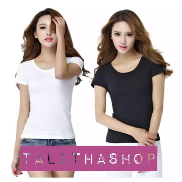 premium kaos mangset polos wanita lengan pendek hitam dan putih L/XL *