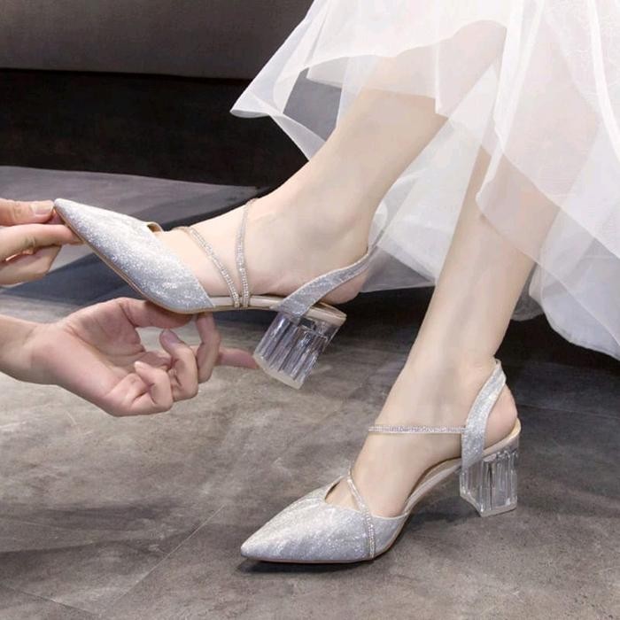 onj Series UB01 Sepatu Pesta Elegan Jeli Permata Transparan Sandal Heels Wanita Hak Kaca 5 Cm Karet