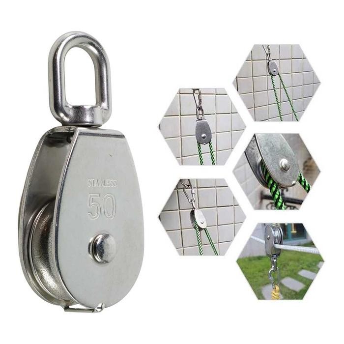 Katrol Kerekan Mini 400Kg Serbaguna Swivel Pulley 400 Kg Stainless Steel Size M50 Silver untuk