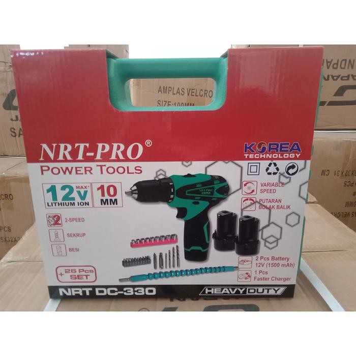 Mesin Bor Baterai Cordless 10mm NRT PRO DC-330 HD + Set