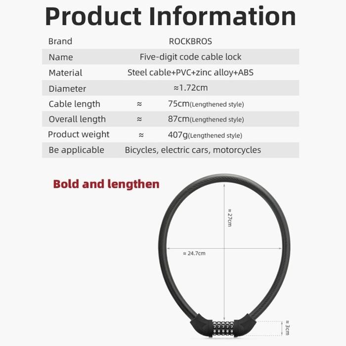 Rockbros Rks870 Kunci Gembok Sepeda Baja 87Cm Bicycle Bike Lock Steel 5 Digit E Mtb Seli Road