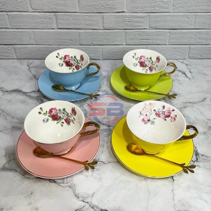 Cangkir Gelas Piring Keramik Cantik Mewah Motif Bunga