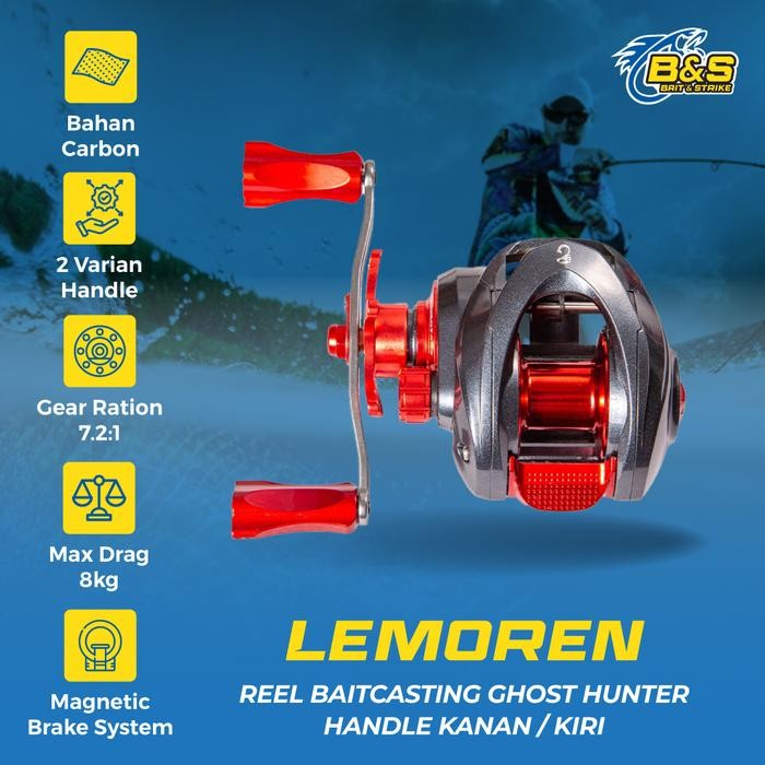 Reel Baitcasting Lemoren Ghosthunter Ratio 7.2:1 Max Drag 8Kg Reel Bc Handle Kanan/Kiri Rp003