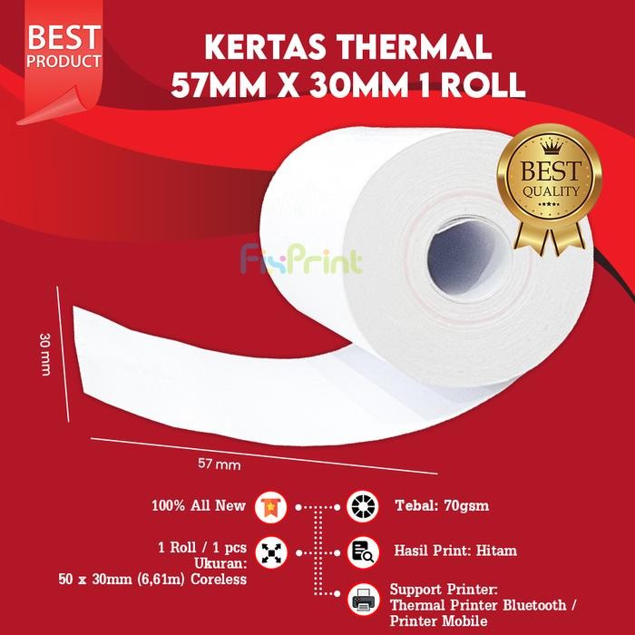 

KOIC Kertas Thermal Kasir 57Mm X 30Mm 1 Roll, Kasir Edc Paper Roll Struck Resi Ukuran 57 Mm