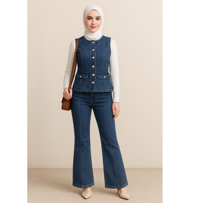 Lyndachann - Oneset Jeans Premium Model Atasan Vest Celana Cutbray Wanita