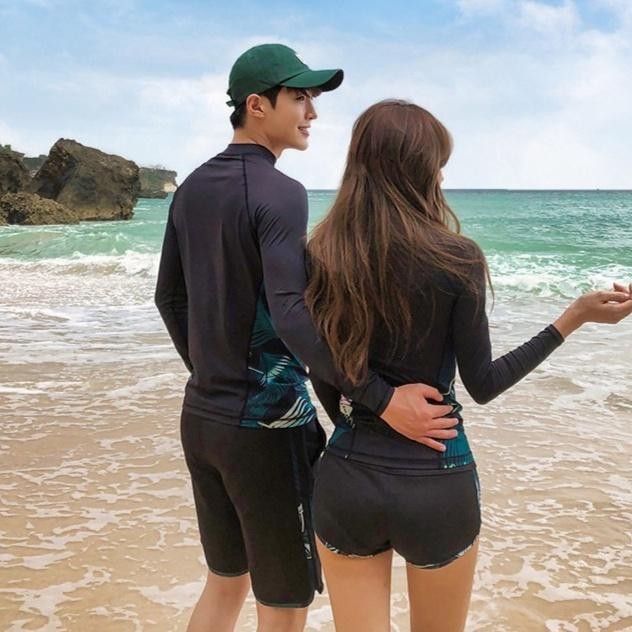 Pasangan Baju Renang Pria Lengan Panjang Slim Rashguard Dewasa Wanita Berselancar Pantai Berpasir