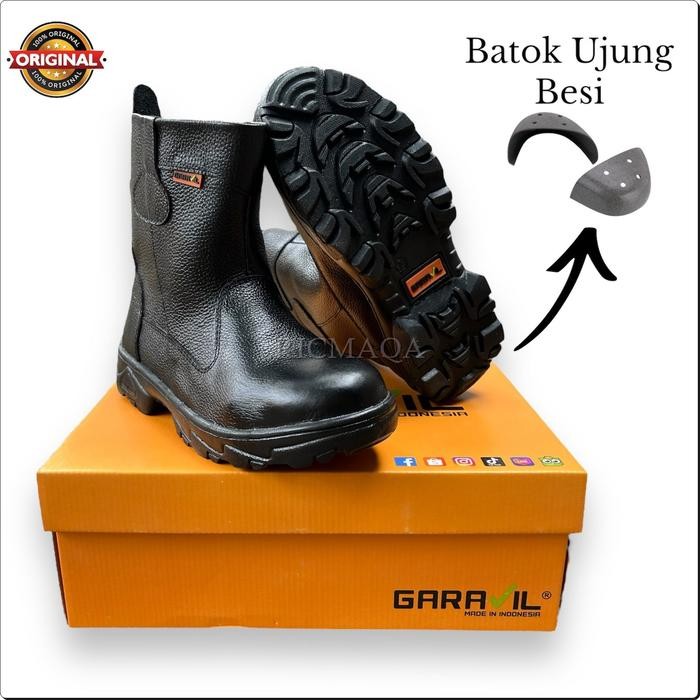 TERBARU SEPATU SAFETY BOOTS UJUNG BESI GARAVIL SHOES KERJA PROYEK LAPANGAN CRUSHER HITAM TINGGI SLIP