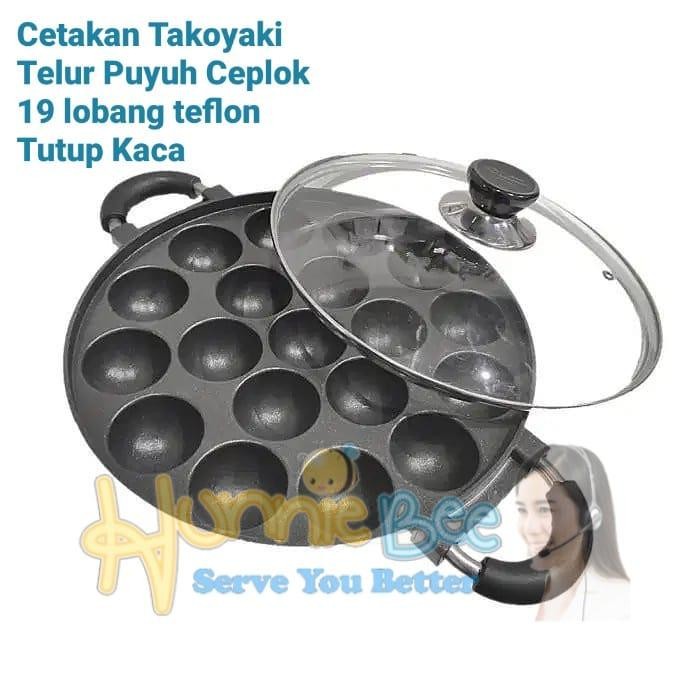 Cetakan Takoyaki Telur Puyuh Ceplok 19 Lubang Teflon Tutup Kaca