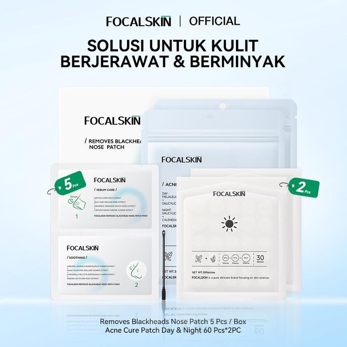 

FOCALSKIN Bundle Solusi Untuk Kulit Berjerawat & Berminyak (5 Pcs/Box Nose Patch + 2 Pc Acne Cure