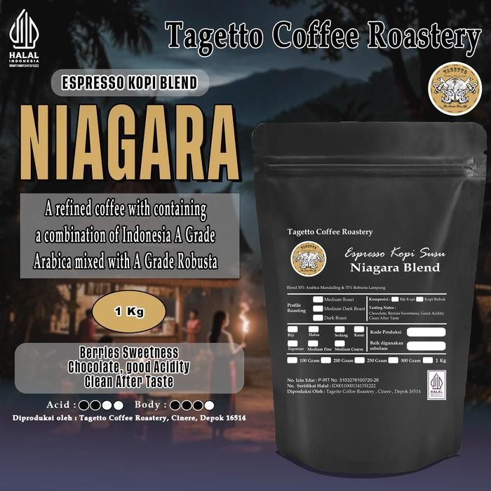 

Pilihan- Biji Kopi Espresso Kopi Susu Niagara Blend 1Kg Bean Ground Bubuk 1 Kg Tagetto Coffee