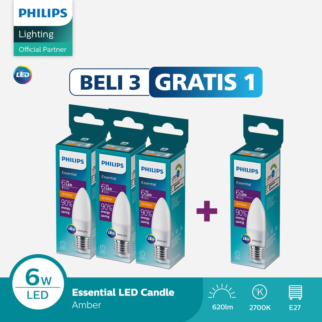 Beli 3 Gratis 1 Philips Essential LED Candle 6W E27 2700K Kuning