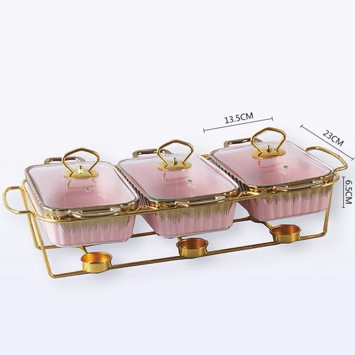 Prasmanan Gandeng 3 Keramik Tebal Pink Hitam Putih Gold Rak Besi Emas