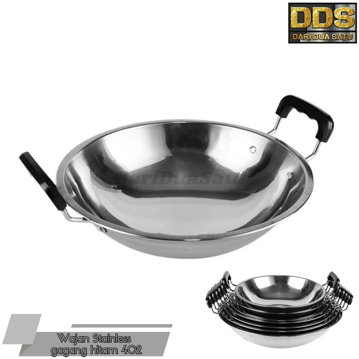 PREMIUM Wajan Stainless Penggorengan Wok Kuali Gagang Hitam Tipe 402