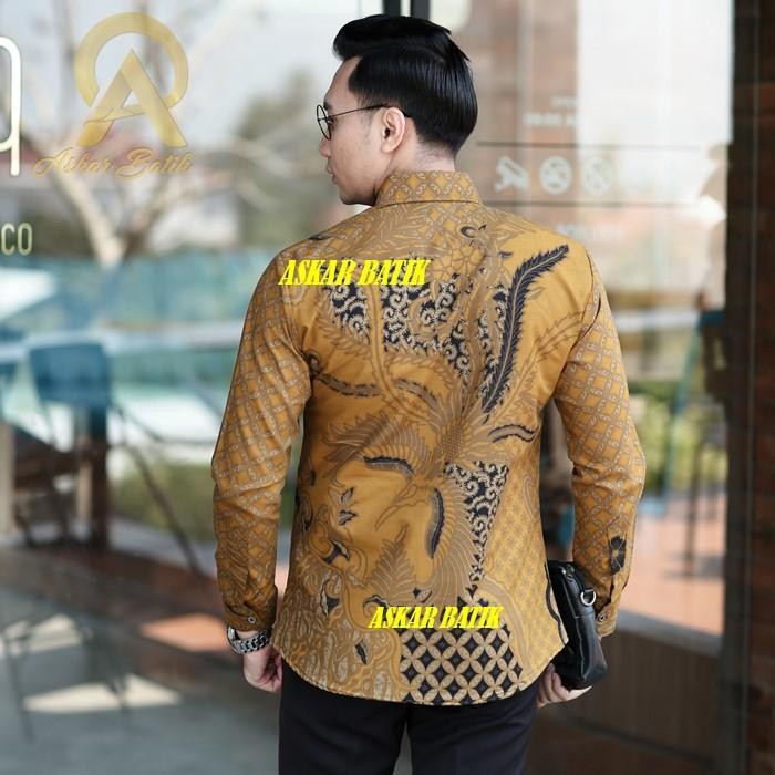 NISMARA Batik Pria Slimfitting Lengan Panjang Warna Kuning Kunyit Baju Motif patr