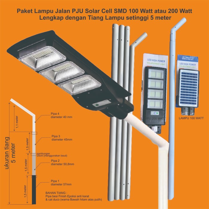 PREMIUM Paket Lampu Jalan PJU Solar Cell + Tiang Lampu 5 Meter