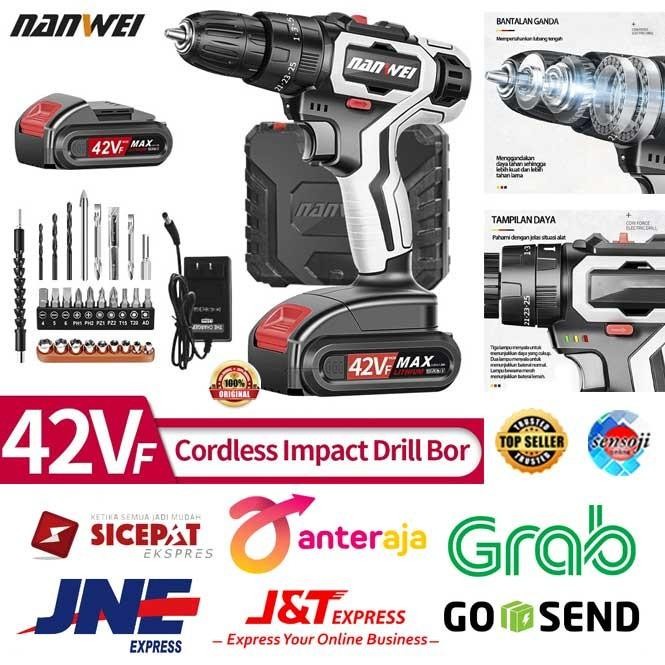 Nanwei Mesin Bor Cordless 42V Impact Drill Bor Baterai 42Vf Dampak Beton Dual Speed Torsi Logam 10Mm