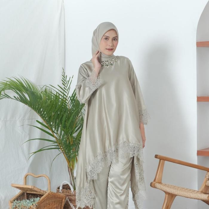 Set Celana Tunic Brokat Wanita Setelan Kebaya Tunik Brukat Kondangan