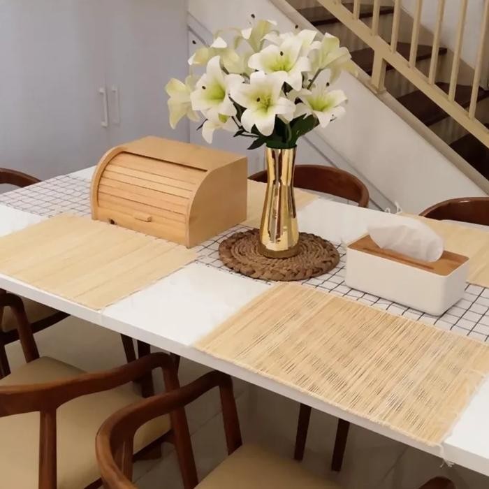 Alas Piring Placemate Taplak Meja Kecil Placemate Tenun Lidi Bambu Putih *