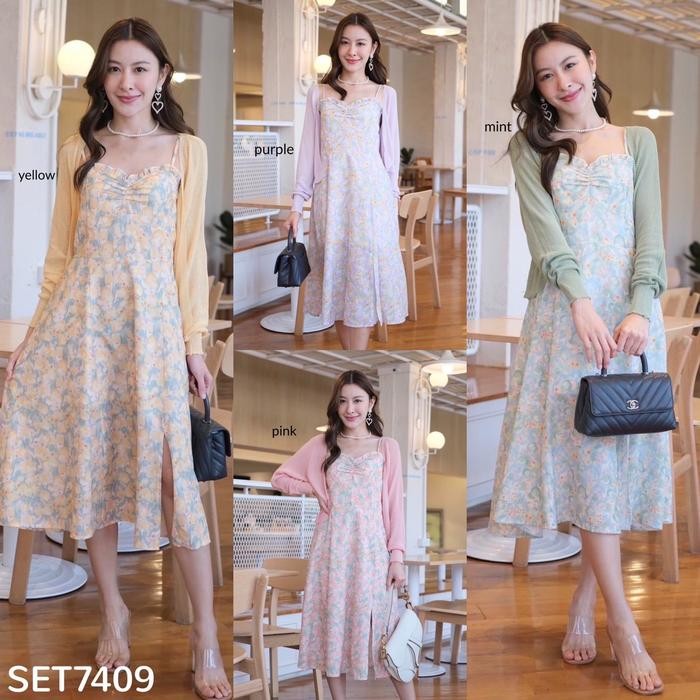 SET7409 Summer Flower Slip Dress with Cardigan Set