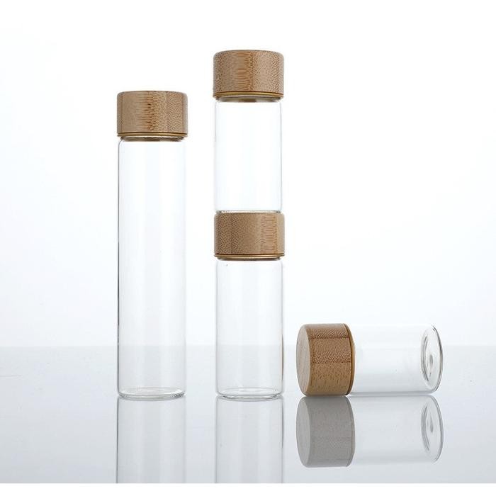 Tabung Kaca / Botol Kaca / Gelas Kaca / Tabung Sampel / Tutup Kayu / Kaca Bening