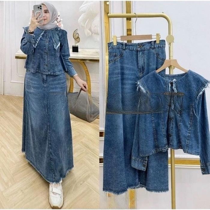 One Set Jeans Setelan Atasan + Rok Wanita Kasual Model Kekinian Outfit Muslimah Terbaru