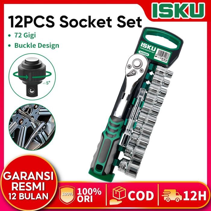 New ISKU Kunci Sok Set CR-V 12 PCS Kunci Sok Wrench 1/2" Rachet Kunci Set