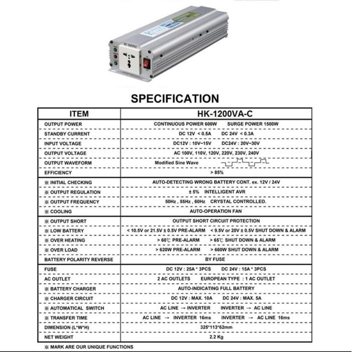 Power Inverter UPS DC AC Plus Charger Accu HK1200VA 12V Hachiko Taiwan