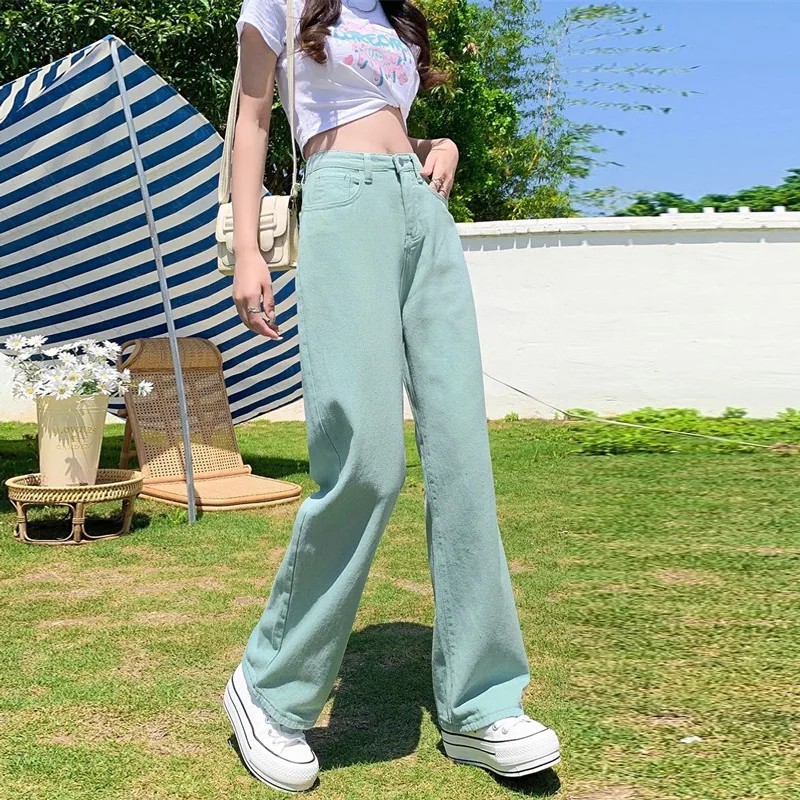 Mint Green Straight-Leg Loose-Fit Denim Jeans Women'S High-Waisted Slimming Stretchy Cotton Pants