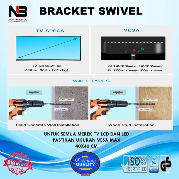 Terbagus Bracket/Braket/Breket Swivel Lengan Tv Nbp4 Nb P4 32 40 43 55 Inch