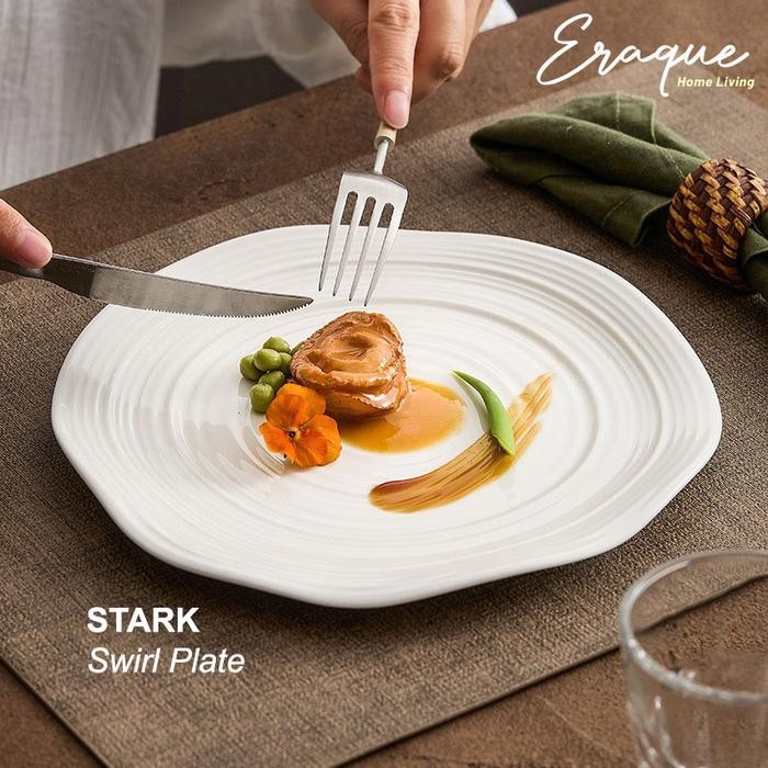Grosir Stark Swirl Plate 9" / Piring Saji Makan Steak Pasta Restoran Cafe Keramik Datar Putih Mewah