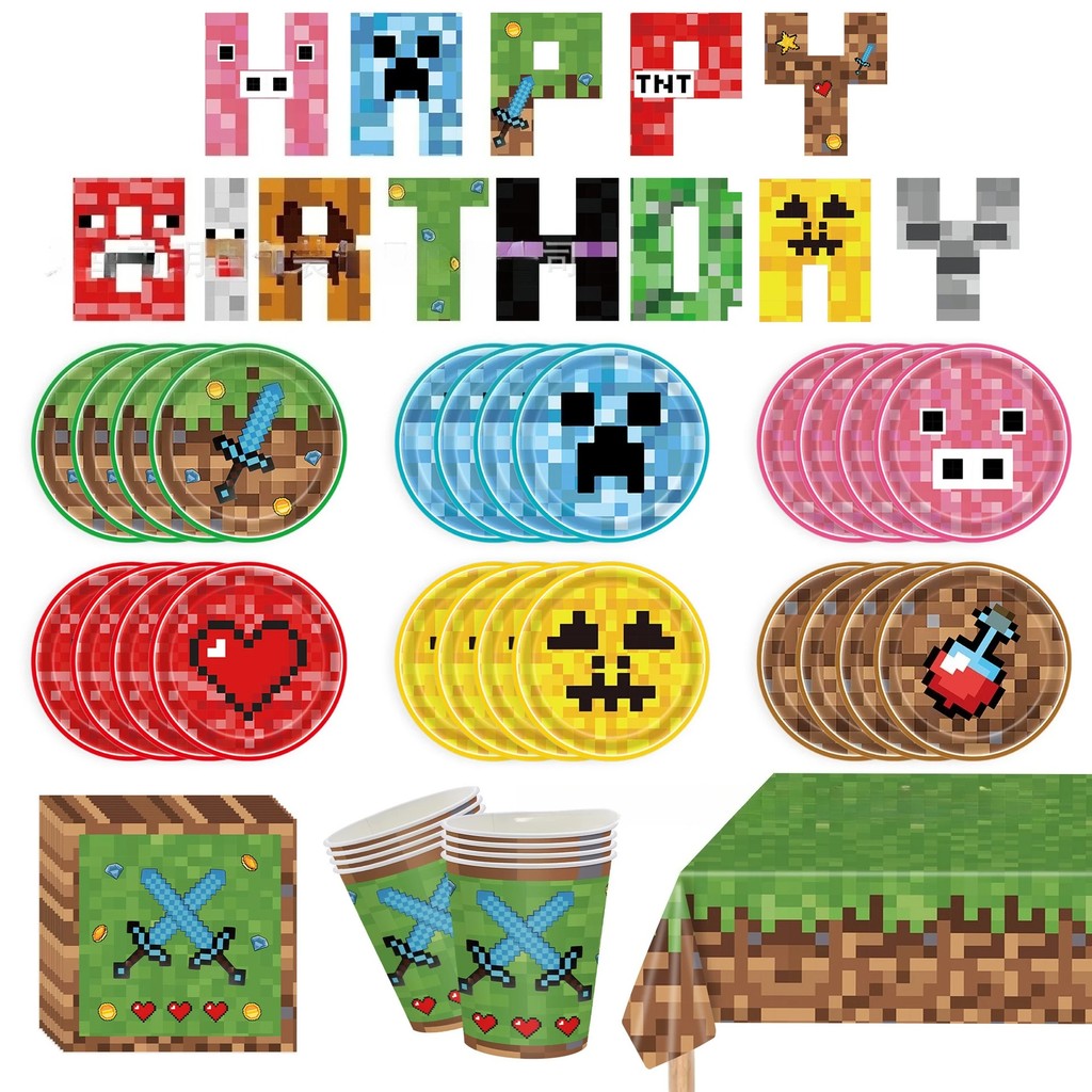 20pcs My World Virtual Pixel World Festival Birthday Party Supplies Disposable Plate Paper Cup