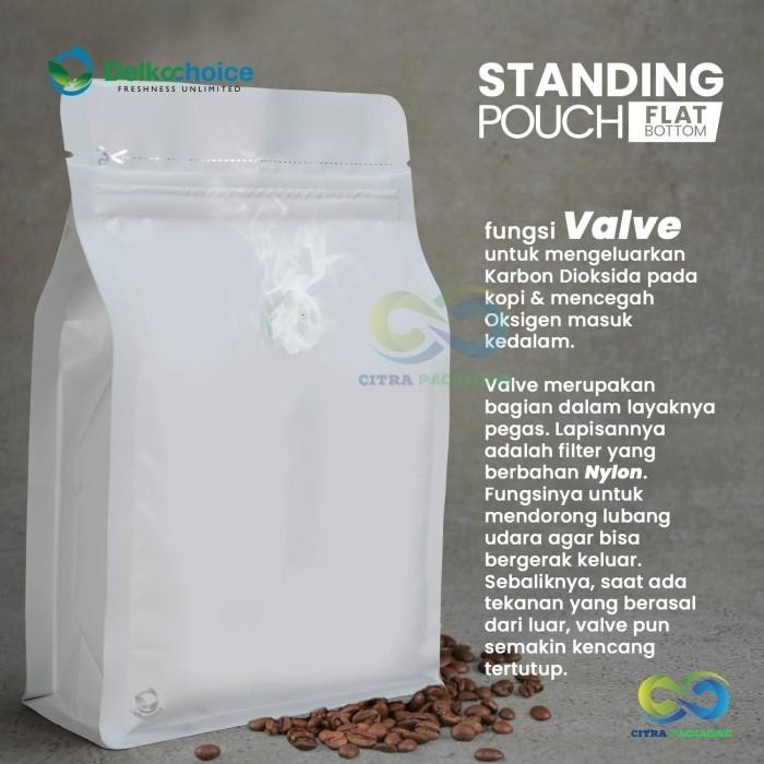 

KEMASAN BUBUK KOPI STANDING POUCH FLAT BOTTOM VALVE KATUP - 250 gram