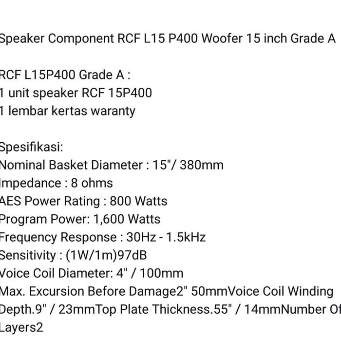 Komponen Speaker Rcf L15 P400/L15P400 15In Komponen Speaker Grade A