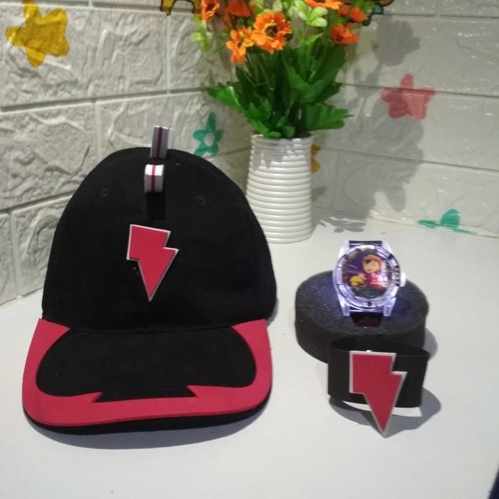 Topi boboiboy halilintar +jam tangan boboiboy