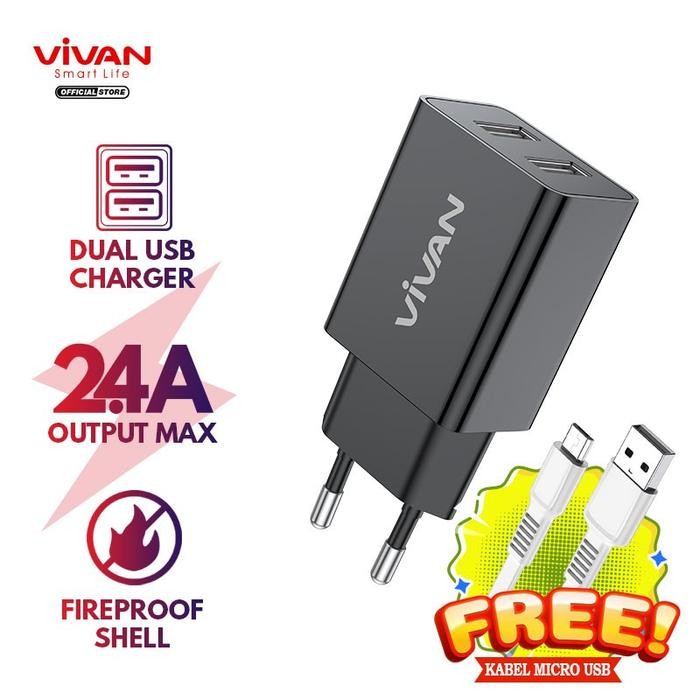 VIVAN DD02 Adaptor Kepala Charger Dual rt USB 2.4A + Cable Micro USB