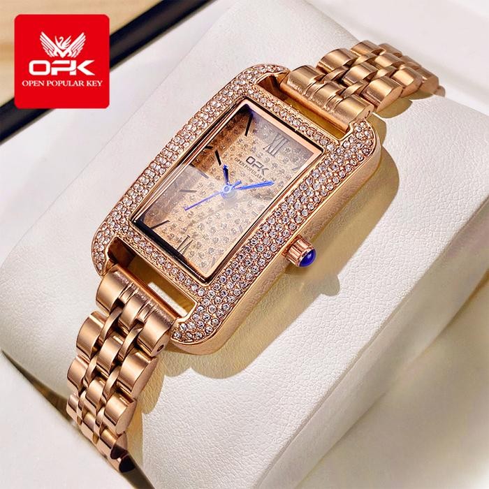 OPK Jam Tangan Wanita Berlian Segi Empat Branded Cewek Anti Air Rantai Kuarsa Stainless Steel