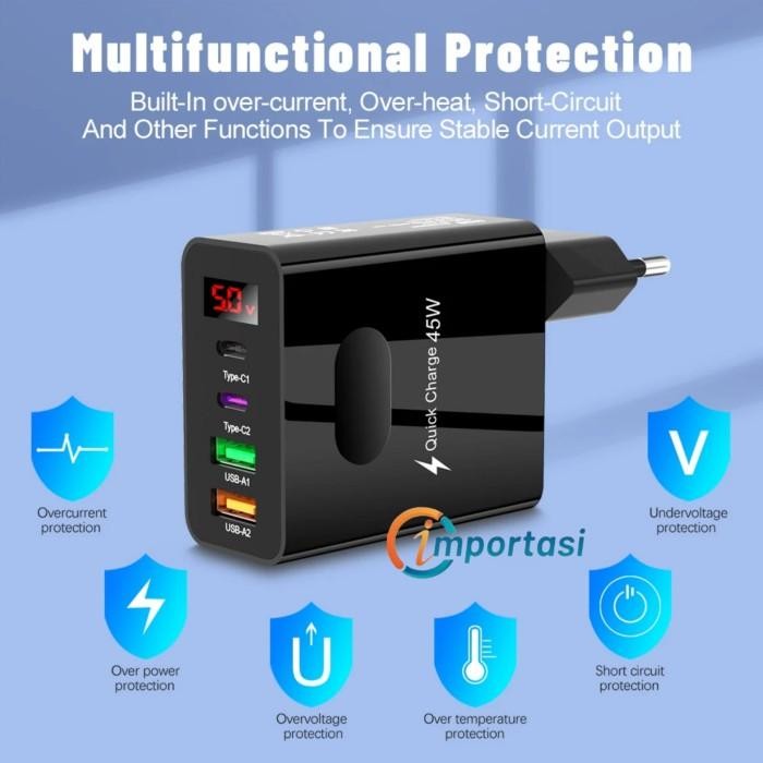 KEPALA CHARGER USB TYPE C 4 PORT FAST CHARGING QC3.0 PD 45WB IPHONE - HITAM