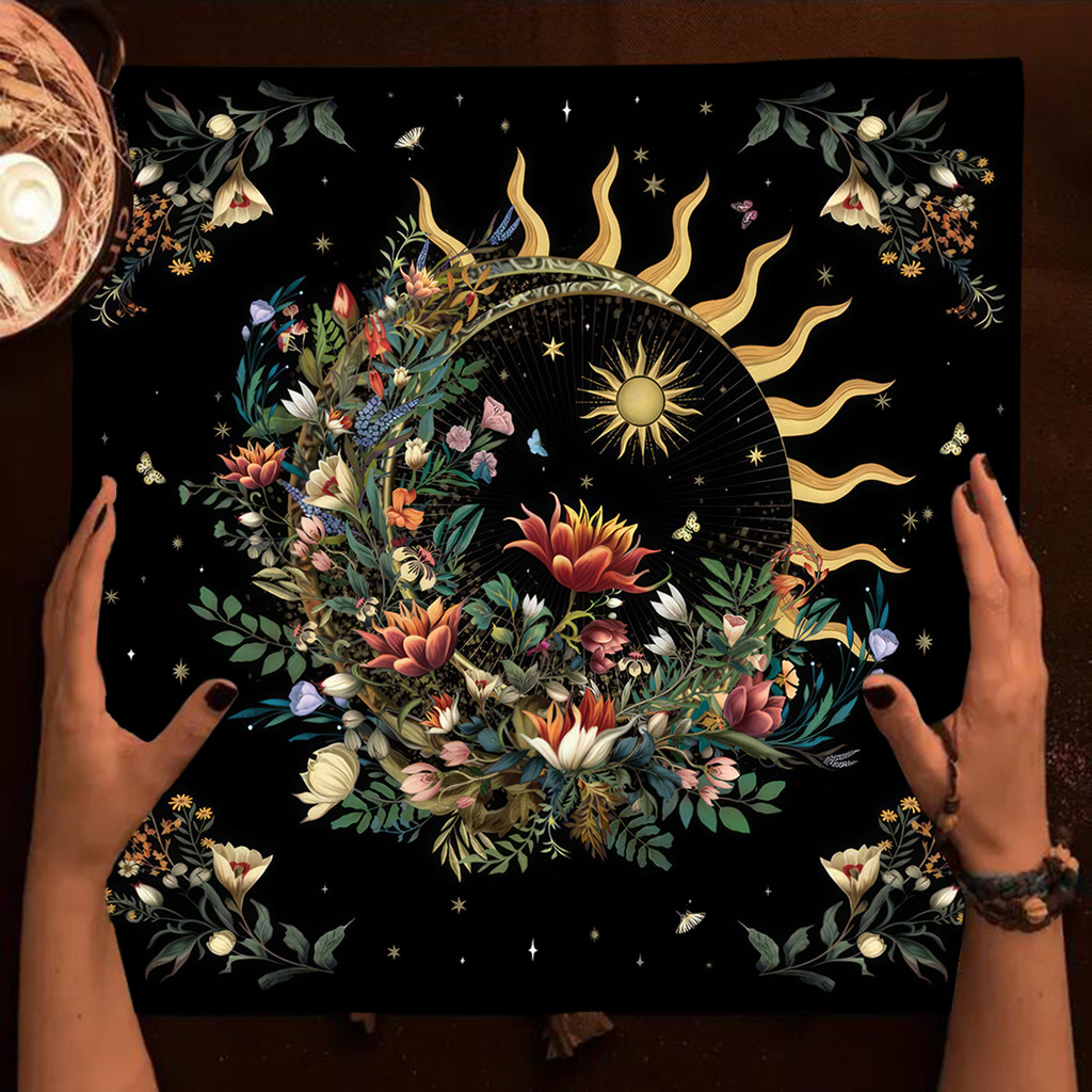 Floral Sun And Moon Plants Tarot Tablecloth Altar Cloth Moon Starry Sky Tarot Card Table Cover Tarot