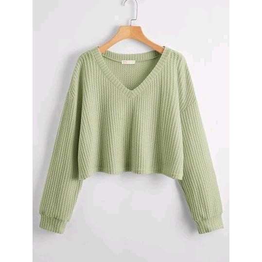 (Allthebest) Sweater Crop Top waffle kerah V new arrifal Baju Nyaman Atasan Wanita setengah dada