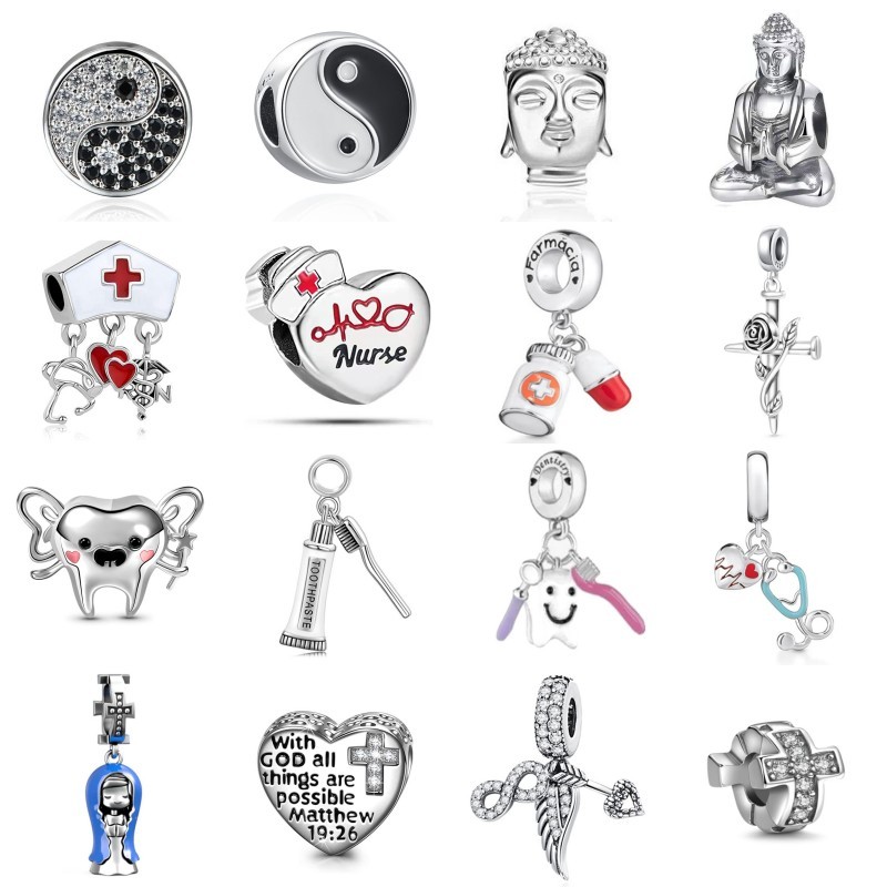 New 925 Silver Cross Pendant Teeth Nurse Doctor Angel Wings Charm Fit Decoration Original Bracelet