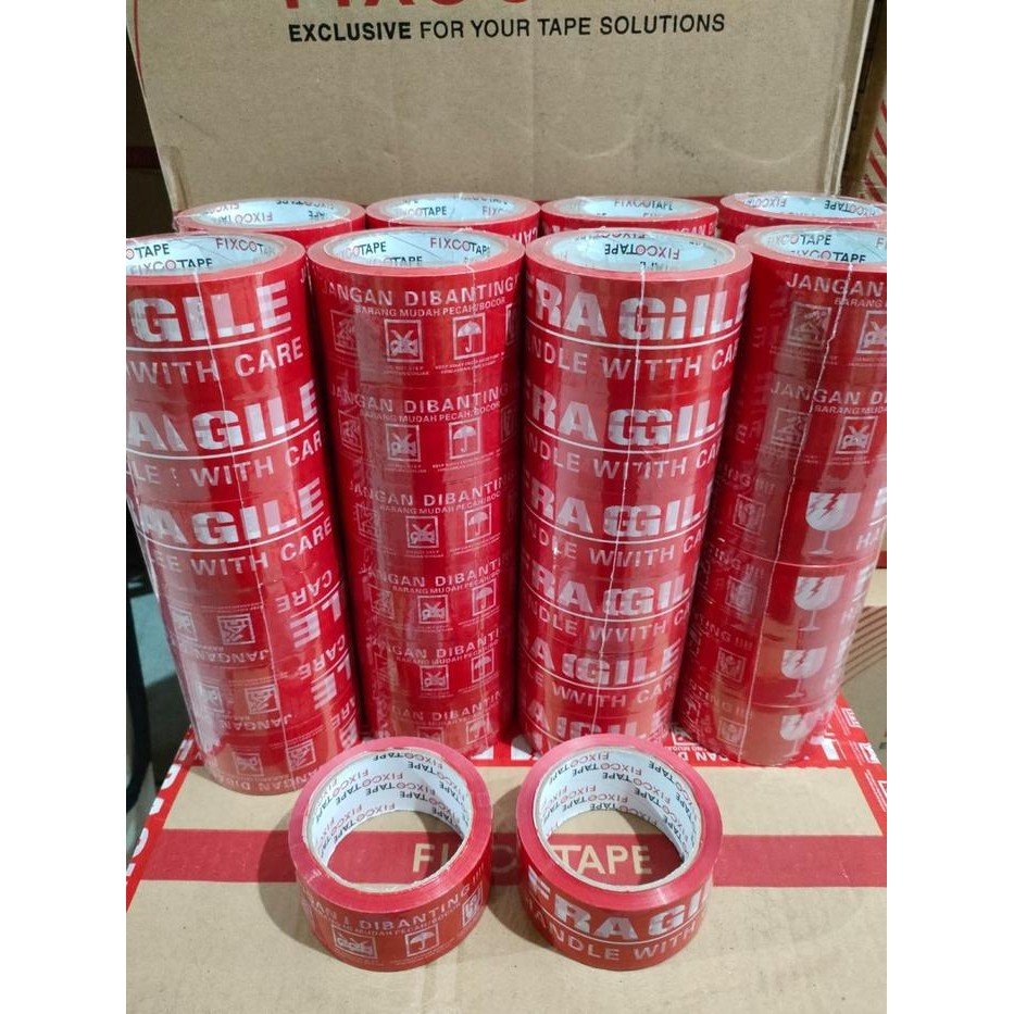 

6 PCS/SLOP Lakban Fragile Merah Fixco Tape 48mm x 60 Yard