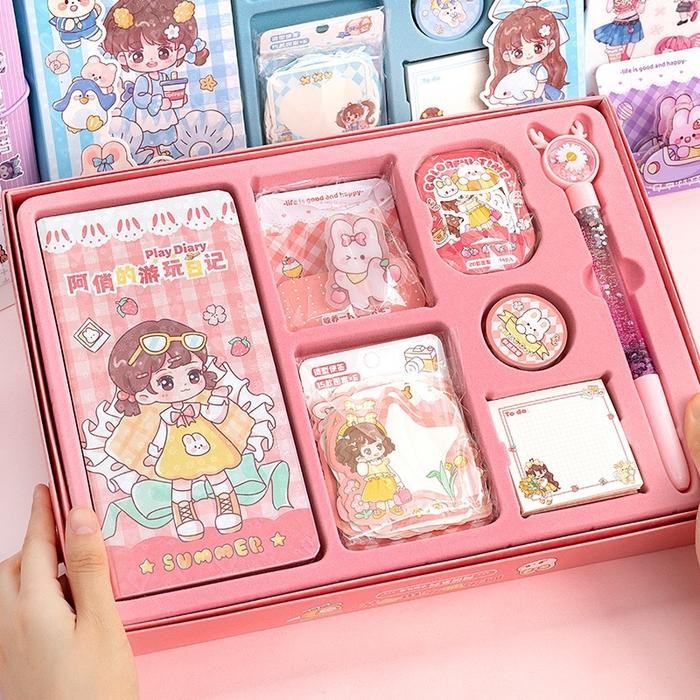 

[Raiinbow] Aqiao Cute Diary Journal Set 7in1 Korea Style Cute Stickers Set Buku Catatan Harian Gift