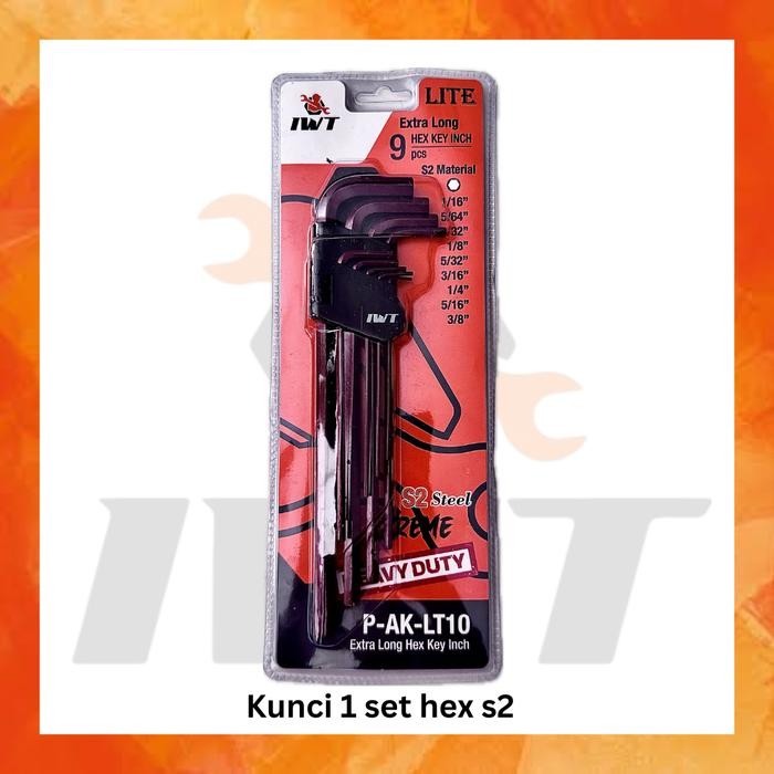 KUNCI L SET PANJANG 9 PCS S2 STEEL IWT HEX-HEX/FLAT-BALL/TORX-TORX/FLAT-TORX