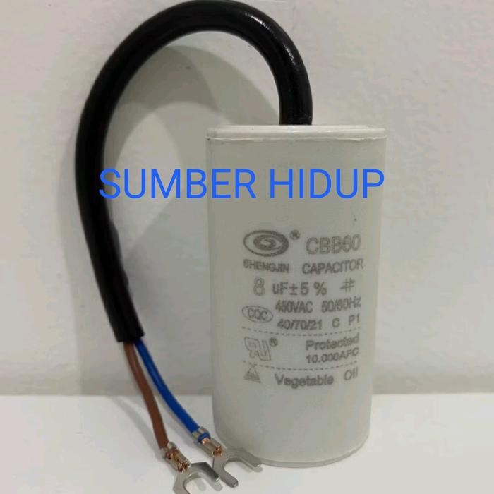 Kapasitor CBB60 450V +5% 8uf / 10uf / 12uf / 16uf / 20uf / 40uf Capasitor Pompa Air Model Kabel 8 10